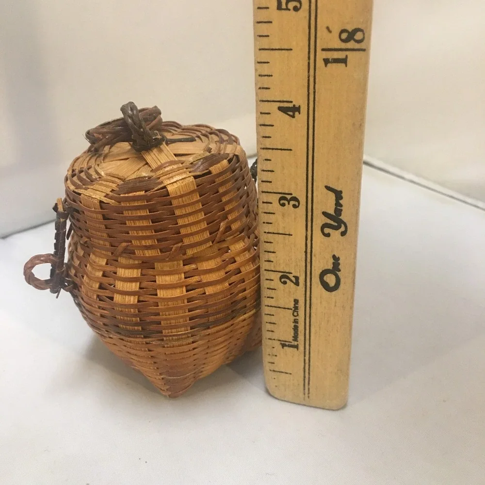 Woven Bamboo Mini Trinket Basket Unisex Brown Handcrafted Lid Cottagecore Boho